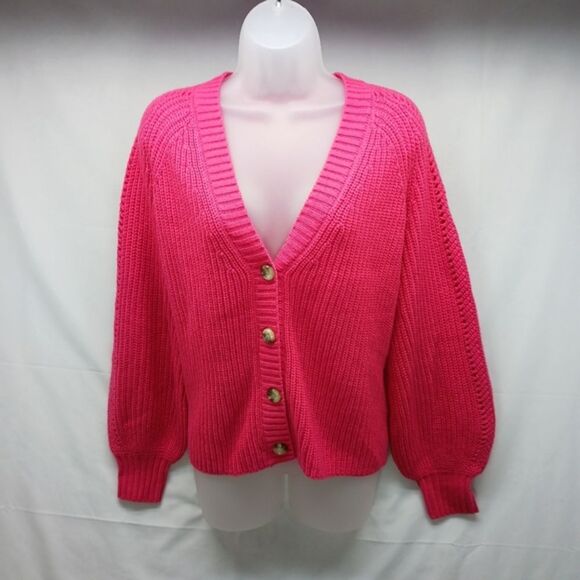 Madison Gray Women’s Pink 4 Button  Cardigan Knit Balloon Sleeve V-Neck Size L - Picture 1 of 8